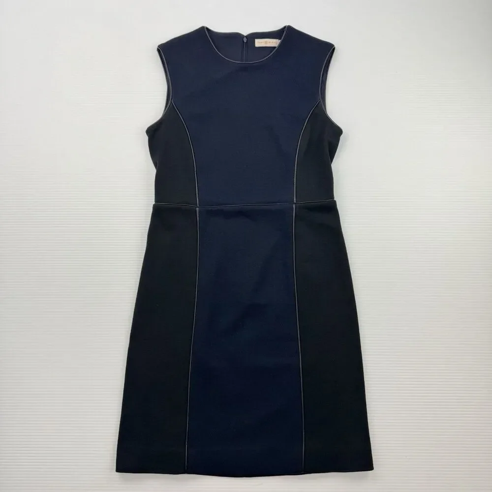 Tory Burch Natalee Ponte Sheath Dress M Navy Black Wool Blend Colorblock